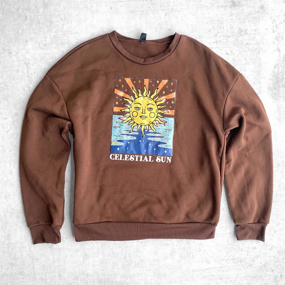 SHEIN Brown Oversized Celestial Sun Graphic Print Crewneck Womens L